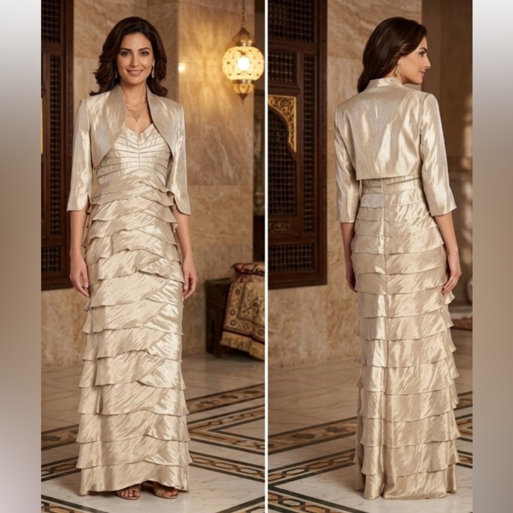 Adrianna Papell Metallic Champagne Layered Ruffle Maxi Dress Bolero Shrug Size 4